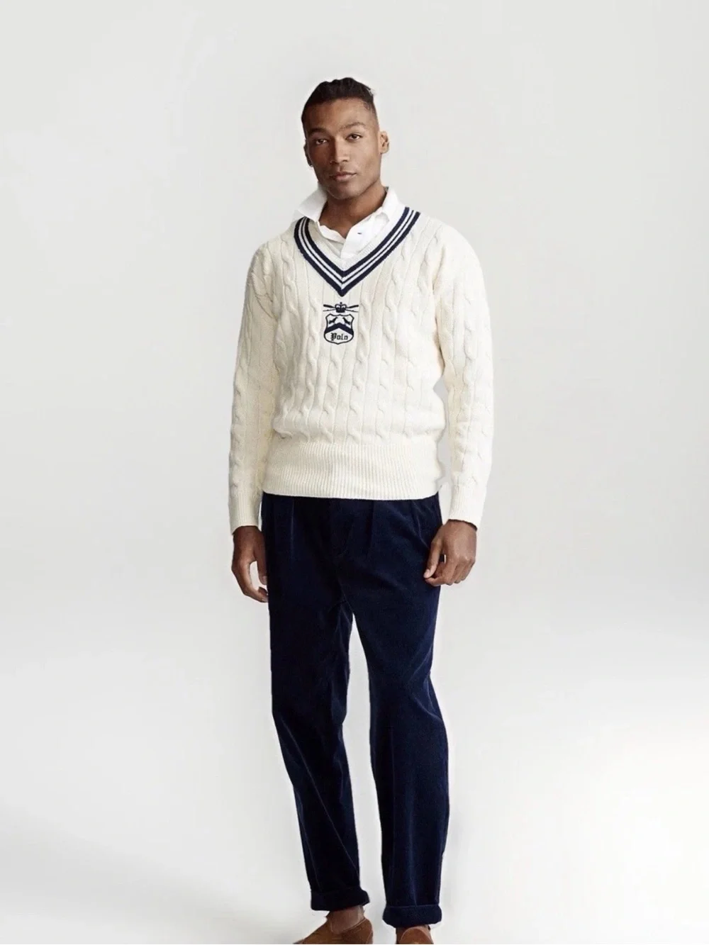 Polo by Ralph Lauren White Cable-Knit V-Neck Sweater with Navy Trim